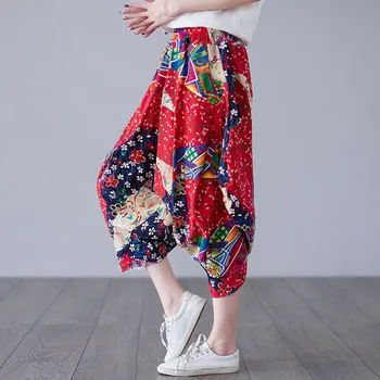 Naiste Suvine Haaremi Püksid Puuvillast Voodipesu Harajuku Magus Korea Õie Kärbitud Pikad Püksid, Küljel Taskud Sarouel Femme