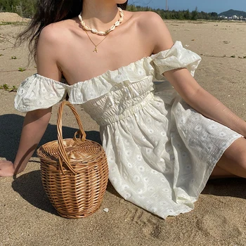 2021 Suvel Valge Lill Beach Kleit Naine Puhvis Varrukad Slash Krae Ruffled Daisy Tikitud Plisseeritud Kleidid Elegantne Vintage