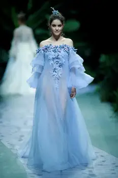 Moeshow Mantel Illusioon maha õlg sinine sirge Õhtu Kleit, haute couture