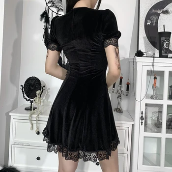 InsGoth Vintage Lace Must Kleit Seksikas Goth Kõrge Vöökoht Mini Kleit Esteetiline Elegantne Lühike Varrukas Joonega Kleit Partei Klubi Kandma