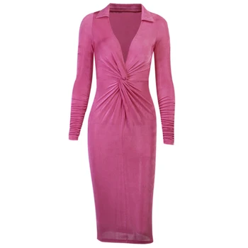 Sügisel Seksikas Solid Color Slim V-Kaeluse Risti-Sõlm Pikkade Varrukatega Kleit Naiste Mood Õhuke Kleit