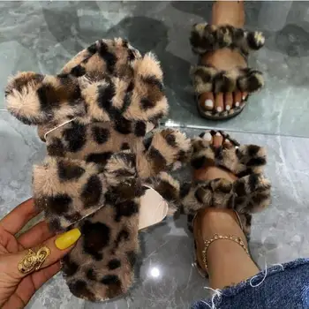 Double-layer bowknot rebane karusnaha moe ühe-line karusnaha kingad pluss suurus leopard printida ms sussid 2020 korter kodus naiste sandaalid