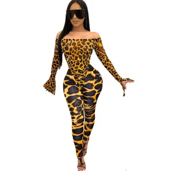 Kevadel Langevad Naised Maha Õla Bodycon Top Romper Kombekas+Püksid Püksid 2tk Leopard snakeskin Riided Riided Klubi Streetwear