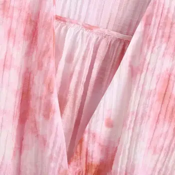 XNWMNZ Naiste Vintage V-Kaeluse Roosa Seotav Värvitud Trükkimine Lühike Smock Pluus Naine Kimono Särk Stiilne Slim Blusas Daamid Saagi Tops