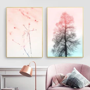 Põhjamaade plakat roosa taevas, udu, lumi, mägi, puu, seina art õli värvimine ja trükkimine maastiku seina pilt elutuba kodu kahanda