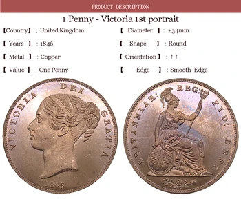 Ühendkuningriik 1846 Victoria 1 Üks Penn ÜHENDKUNINGRIIGI Kuninganna Punane Vask Koopia Münte Suurbritannia Pronksist Portree Mündi Serv Sile