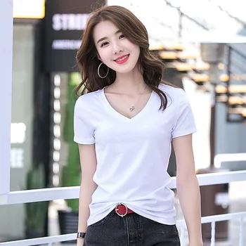2021 uus V-kaeluse korea fashion girl tahked värvi, lühikese varrukaga T-särk naiste kanda alumine särk puhas puuvill slim 1805