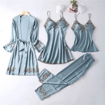Roosa Pits 4TK Sleepwear Naiste Uus Pidžaama Komplekt Faux Siidist Kimono Kleit Naiste Kleit Sobiks Vabaaja Pijamas Sobiks Vabaaja Siserõivad