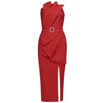 2021 Uus Seksikas Punane Olkaimeton Sidemega Kleit Naiste Suvel Elegantne Ruffles Bodycon Kuulsus Raja Klubi Partei Kleit