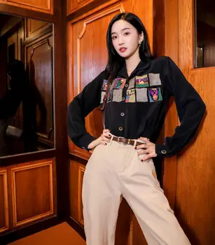 Lahti ja õhuke pikkade varrukatega särk, naiste sügis-2019 uus korea versiooni ins isikupärastatud tikitud polo krae üleval