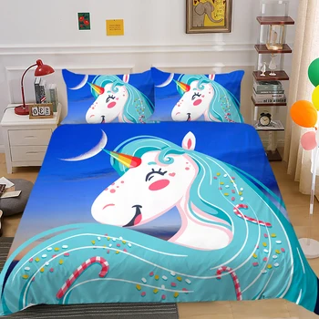 Cartoon Ükssarvik Voodipesu Komplekt Tüdrukutele Tekikott Set Ideaalne Kodu Bedclothes Kuningas Kuninganna Full Double Suurus Tuba Decor