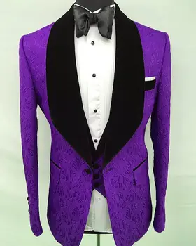 Elegantne Pruudi Kleit 3 Tükki 2020 Kohandatud Ülikond Smoking Disain Must Lilleline Velvet Rinnamikrofon Meeste Ülikonnad, Mis On Mõeldud Pulmapidu Tuxedos