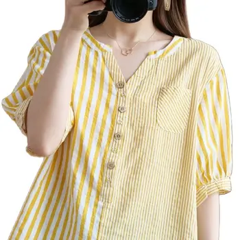 Naiste Liiga t-särk kõht näita sale naine suvel lahti korea segast triibuga V-kaelus mull varruka Suur suurus rasva naine 2021
