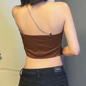 2021 Uus Harajuku Vabaaja Camisole Naiste Sexy Backless Saagi Tops Ebaregulaarne Ühe Õla Kett Varrukateta Split Cami Top Riided