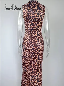 Soefdioo Leopard Printida Varrukateta Lukuga Lõhik Bodycon Kleit Naiste Fashion Streetwear Suvel 2021 Ööklubi Partei Maxi Kleit