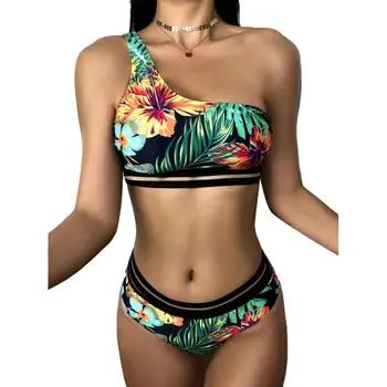Naiste Bikinis Set Õie Trükitud Seksikas Polsterdatud Bikiinide Komplekt Ühe Õla Supelrõivad Trikoo Beachwear Naiste Ujumistrikoo