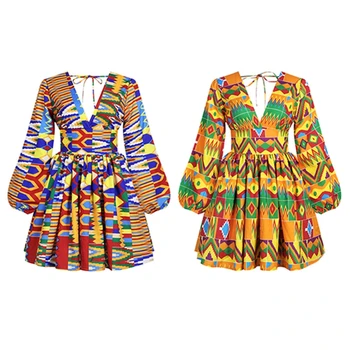 Aafrika Kleidid Naistele Dashiki Print V Kaelus Pikad Varrukad Ankara Aafrika Backless Kleit Lukuga Vestidos Kõrge Vöökoht Riided