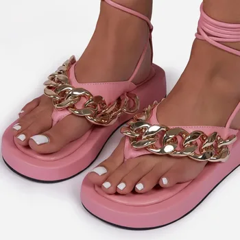 Naiste kingad 2021 paks-baseeruv keskel kanna platvorm flip-flops metallist kett anklet rihm Rooma sandaalid