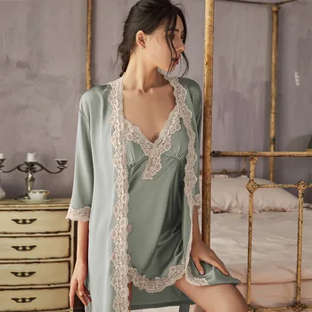 Seksikas Sleepwear Kimono Hommikumantel Naiste Kleit Rüü Set Nightwear Vabaaja Intiimne Pesu Pits 2TK Nighty&Rüü Sobiks Homewear