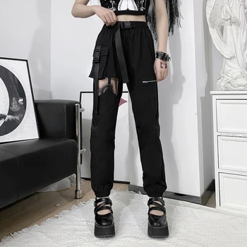 Goth Grunge Auk Vabaaja Cargo Püksid Naistele Punk Must Lahtine Turvavöö Pant Püksid Vintage Streetwear Riided 2021 Uus Mood