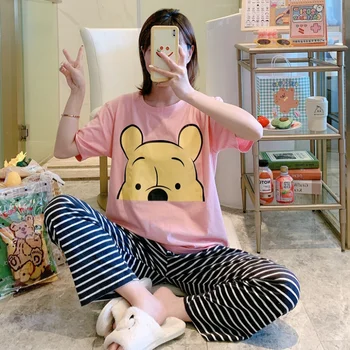 M-2XL Pluss Suurus Anime Disney Miki Hiir Vabaaja Conjuntos De Mujer Suvel Print T-Särk ja Triibuline Pidžaama Püksid Komplekt Naistele