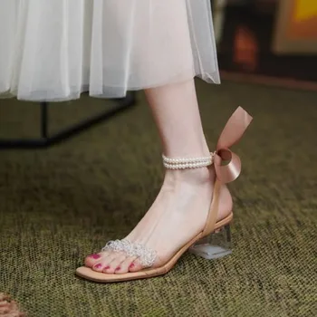 Korea versioon Suve sandaalid läbipaistev kõrge kontsaga avatud toed paksud kontsaga beaded bow mood kingad 2021 naiste sandaalid