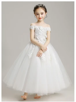 Maha Õla Tikandid Lill Printsess Tüdruk Kleit Valge Tüll Pulmi, Sünnipäeva Kleit Väikelapse Tüdrukute Võistlused Õhtusöömaaeg Kleit