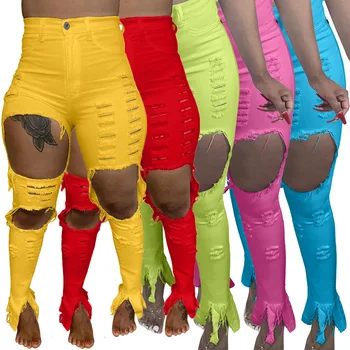 Uustulnukad 5 Värvi Naiste Teksad Augud Ripitud Kõhn Veniv Sexy Girls Teksad Põletatud Denim Püksid Kõrge Vöökoht Püksid 2021