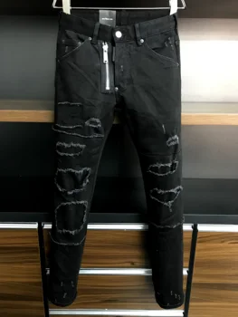 Luksus Lukuga Meeste Veniv Ripitud Kõhn Biker Must Print Meeste Teksad Slim Hip-Hop Pliiats Püksid Kriimustatud Kvaliteetsed Jean