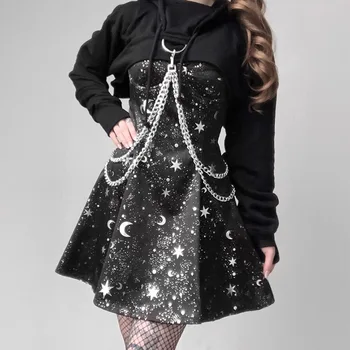 InstaHot Star Moon Prindi Gooti Kleit Naiste Kett Rihma Mini Must Punk V Kaela Vabaaja Suvel Kleidid Elegantne Riided Univers Uus