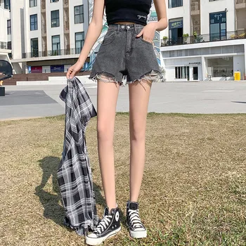 2021 Uus Mood Suvel Naiste Kõrge Vöökoht Denim lühikesed Püksid Ripitud Õõnes Läbi Augu Streetwear Pluss Suurus Must Sinine Valge Jean