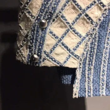 Sügisel Asümmeetriline Segast Triibuline Denim Naiste Seelikud Sinise-Valge Ruuduline Lühike Seelik Office Naine Elegantne Pärlid Tweed, Seelikud