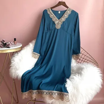 Suvel Uued Pikad Varrukad Kodus Kaste Kleit V-Kaeluse Nightwear Naiste Nightgowns Intiimne Pesu Satiin Seksikas Nightgowns Homewear