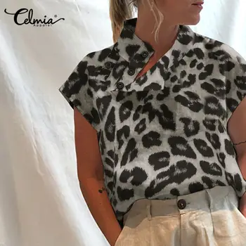 Naiste Topid ja Pluusid Celmia 2021 Suvel Vintage Leopard Printida Särgid, Vabaaja Lühikesed Varrukad Kõrge Krae, Nööbid Pool Blusas