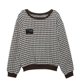 Houndstooth Silmkoelised O Kaelus Pikk Varrukas Pulloverid Kevad Sügis Kudumise Dressipluus Naiste Mood Vintage Tops 2021 Uus Ülerõivad