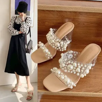 Suvel 2021 läbipaistev pärl sandaalid naiste kõrge heeled paks heeled crystal kõrge heeled kingad