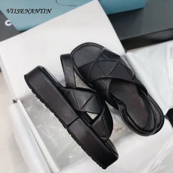 2021 suvel paks-baseeruv diamond ruuduline sandaalid ja sussid naiste välimine kandma black vabaaja-Rooma stiilis sandaalid