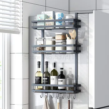 3-Tier-Metal-Refrigerator-Side-Storage-Organizer-Rack-Fridge-Spice-Rack-Multi-Use-Refrigerator-Side-Shelf-Including-7-Hooks