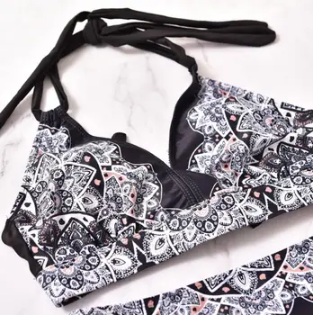 2019 Naiste Pluss Suurus Sidemega Bikiinid Komplekti Pits Flower Print Polsterdatud Push-Up Bikiinid Jagada Suured Keha Ujumistrikoo Beachwear Bikinis