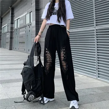 Naiste Vabaaja Püksid Mood Buttefly Õõnes Läbi Kõrge Vöökoht Püksid Naiste Lahtised Must Jogger Püksid Pluss Suurus Riided Streetwear