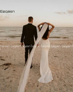 Beach pulmakleitidest 2021 Seksikas V-Kaelus Pikk Silk Satin Pulm Kleit Kohus Rongi Ava Tagasi Pulma Kleit rüü longue