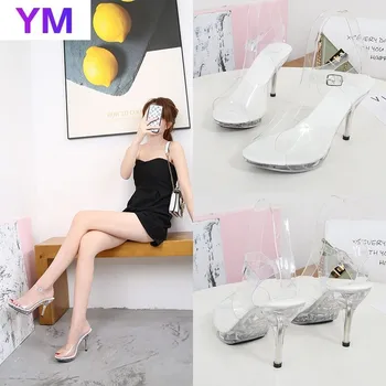 Naiste Crystal Thin Kontsaga Sandaalid Peep Varba Sandaalid Kõrged Kontsad Selge, Läbipaistev PVC Rihm Pulm Sandaalid Kingad, Platvorm, Valge