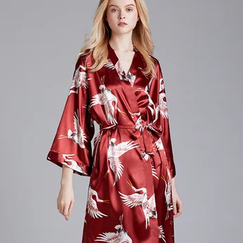 Naiste Pikk Pulm Kleit Nightwear Trükitud Kraana Satiin V-kaeluse jaoks Kimono Hommikumantel Kleit Kodus Riideid Seksikas Intiimne Pesu