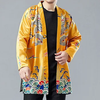 Traditsiooniline Hiina Stiilis Meeste Dragon Trükitud Kimono Jakk Seista Krae Õhuke Kampsun, Avatud Lõhik Lahti Kevad Mantel