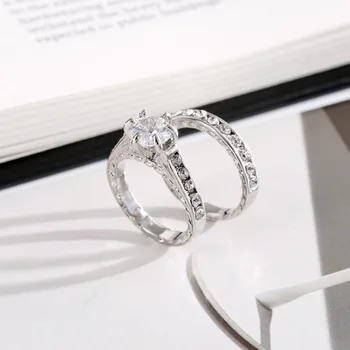 Ring Naiste Mood Klassikaline Kuus Prongs Inkrusteeritud Valge Zircons Ring Täis White Diamonds Naiste Kaasamine Set Ringi Kuum