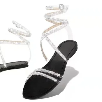 2021 Primavera Naiste Sandaalid Crystal Läikiv Pahkluu-Wrap Kingad, Ääristatud Daamid Korter Vormi Sandaalid Väljas Puhkus Slaidid