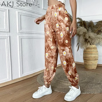 Prindi Kõrge Vöökoht Pliiats Püksid Naiste Lahtised Elastne Vöökoht Vabaaja Püksid Streetwear