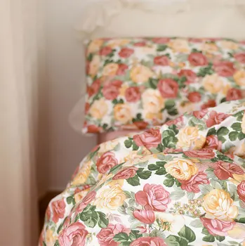 Armas kollane punane lill, roos voodipesu komplekt tüdruk,magus lilleline puuvillane twin täielik kuninganna kodutekstiili voodi lehel padjapüür tekk kate