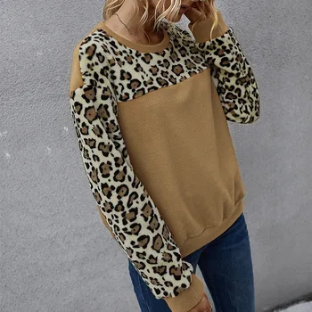 Mood Dressipluus 2020. Aasta Talvel Polar Fliis Seksikas Leopard Printida Kontrastset Värvi Pikkade varrukatega T-särk Naiste dressipluus riided