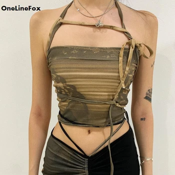 OneLineFox Prindi Bustier Tops Backless Spagetid Rihmad Pits Slim Fit Saagi Cami Naiste Seksikas Pidu Club Varustus Fashion Streetwear